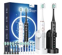 Rtauys 2 Pack Electric Toothbrush for Adults - 2 Rechargeable Electric Toothbrushes with 12 Brush Heads & 2 Travel Cases, Power Electric Toothbrush with Holder, 120 Days Battery Life - Black+White