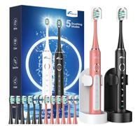 Rtauys 2 Pack Electric Toothbrush for Adults - 2 Rechargeable Electric Toothbrushes with 12 Brush Heads & 2 Travel Cases, Power Electric Toothbrush with Holder, 120 Days Battery Life - Black+Rosered