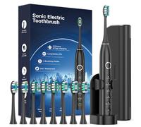 Rtauys Sonic Electric Toothbrush for Adults with 8 Brush Heads, IPX7 Travel Electric Toothbrush with Travel Case, 2.5 Hours Charge for 120 Days, 5 Modes with 2 Minutes Built in Smart Timer Black