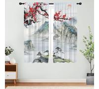 RTFEVG Japanese Cherry Blossom Window Curtain Asian Anime Cool Watercolor Red Floral Landscape Abstract Art Drapes Rod Pocket 42x63 Inches Bedroom Curtain Set for Living Room Bathroom Kitchen Decor