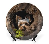 RTFGHJS A Little Yorkshire Terrier Decorative Ceramic Plate Personalized Bone China Decorative Plate Round Porcelain Plates with Display Stand Cabinet Display Plates for Home Decor 10inch