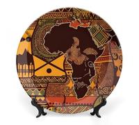 RTFGHJS African Map Ethnic Pattern Decorative Ceramic Plate Personalized Bone China Decorative Plate Round Porcelain Plates with Display Stand Cabinet Display Plates for Home Decor 8inch