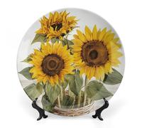 RTFGHJS Alluring Sunflowers Summer Decorative Ceramic Plate Personalized Bone China Decorative Plate Round Porcelain Plates with Display Stand Cabinet Display Plates for Home Decor 10inch