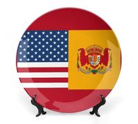 RTFGHJS American Spain Flag Decorative Ceramic Plate Personalized Bone China Decorative Plate Round Porcelain Plates with Display Stand Cabinet Display Plates for Home Decor 7inch