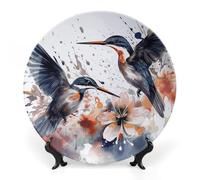 RTFGHJS Art with Lily Flowers Birds Watercolor Decorative Ceramic Plate Personalized Bone China Decorative Plate Round Porcelain Plates with Display Stand Cabinet Display Plates for Home Decor 7inch