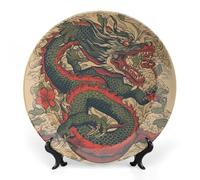 RTFGHJS Beige Dragon Pattern Decorative Ceramic Plate Personalized Bone China Decorative Plate Round Porcelain Plates with Display Stand Cabinet Display Plates for Home Decor 8inch