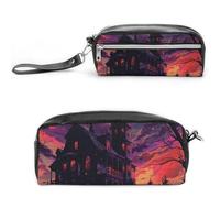 RTFGHJS Black Haunted House Pencil Case, Large Capacity Pencil Pouch, Leather Small Makeup Bag, Portable Zipper Stationery Bag for Stationery, Travel Toiletry, Makeup, Supplies