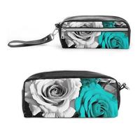 RTFGHJS Black White Teal Gray Rose Flowers Pencil Case, Large Capacity Pencil Pouch, Leather Small Makeup Bag, Portable Zipper Stationery Bag for Stationery, Travel Toiletry, Makeup, Supplies