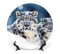 RTFGHJS Blue Eyed Snow Leopard Decorative Ceramic Plate Personalized Bone China Decorative Plate Round Porcelain Plates with Display Stand Cabinet Display Plates for Home Decor 6inch