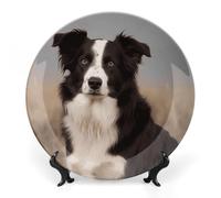 RTFGHJS Border Collie Decorative Ceramic Plate Personalized Bone China Decorative Plate Round Porcelain Plates with Display Stand Cabinet Display Plates for Home Decor 7inch