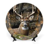 RTFGHJS Camouflage Deer Decorative Ceramic Plate Personalized Bone China Decorative Plate Round Porcelain Plates with Display Stand Cabinet Display Plates for Home Decor 10inch