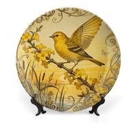 RTFGHJS Canary Jasmine Branch Decorative Ceramic Plate Personalized Bone China Decorative Plate Round Porcelain Plates with Display Stand Cabinet Display Plates for Home Decor 10inch