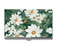 RTFGHJS Cartoon Fish Print Business Card Holder, Metal Slim Name Card Case, Pocket Cards Holder for Women Or Men, Name Cards Booklet for Professionals, Executives, Green Leaves and White Flowers, One