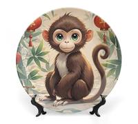 RTFGHJS Chinese Style Monkey Decorative Ceramic Plate Personalized Bone China Decorative Plate Round Porcelain Plates with Display Stand Cabinet Display Plates for Home Decor 7inch