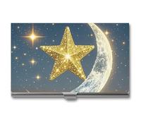 RTFGHJS Colorful Surfboard Business Card Holder, Metal Slim Name Card Case, Pocket Cards Holder for Women Or Men, Name Cards Booklet for Professionals, Executives, Golden stars and moon, One Size