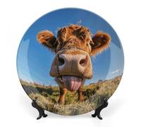 RTFGHJS Cow Sticking Out Tongue Decorative Ceramic Plate Personalized Bone China Decorative Plate Round Porcelain Plates with Display Stand Cabinet Display Plates for Home Decor 8inch