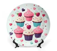 RTFGHJS Cupcake Candy Hearts Sweet Decorative Ceramic Plate Personalized Bone China Decorative Plate Round Porcelain Plates with Display Stand Cabinet Display Plates for Home Decor 8inch