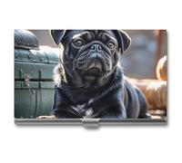 RTFGHJS Cute Black Pug Dog Business Card Holder, Metal Slim Name Card Case, Pocket Cards Holder for Women Or Men, Name Cards Booklet for Professionals, Executives