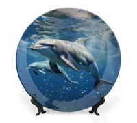RTFGHJS Cute Dolphins Decorative Ceramic Plate Personalized Bone China Decorative Plate Round Porcelain Plates with Display Stand Cabinet Display Plates for Home Decor 8inch