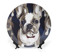 RTFGHJS Cute French Bulldog Decorative Ceramic Plate Personalized Bone China Decorative Plate Round Porcelain Plates with Display Stand Cabinet Display Plates for Home Decor 10inch