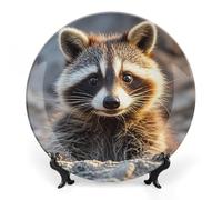 RTFGHJS Cute Raccoon Decorative Ceramic Plate Personalized Bone China Decorative Plate Round Porcelain Plates with Display Stand Cabinet Display Plates for Home Decor 6inch
