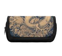 RTFGHJS Double Layer Pencil Case with Front Pocket - Blue Oriental Dragon Large Capacity Pen Organizer Aesthetic Holder Box Storage Bag for Office Supplies, Art Pencils, Makeup Brushes