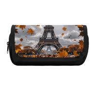 RTFGHJS Double Layer Pencil Case with Front Pocket - Eiffel Tower with Autumn Leaves Large Capacity Pen Organizer Aesthetic Holder Box Storage Bag for Office Supplies, Art Pencils, Makeup Brushes