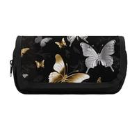 RTFGHJS Double Layer Pencil Case with Front Pocket - Gold White Butterflies Black Large Capacity Pen Organizer Aesthetic Holder Box Storage Bag for Office Supplies, Art Pencils, Makeup Brushes