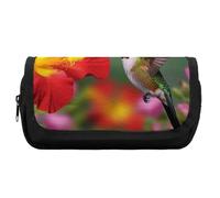 RTFGHJS Double Layer Pencil Case with Front Pocket - Hummingbirds Red Flower Hibiscus Large Capacity Pen Organizer Aesthetic Holder Box Storage Bag for Office Supplies, Art Pencils, Makeup Brushes
