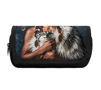 RTFGHJS Double Layer Pencil Case with Front Pocket - Indigenous People And Wolves Large Capacity Pen Organizer Aesthetic Holder Box Storage Bag for Office Supplies, Art Pencils, Makeup Brushes