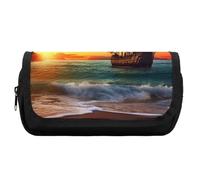 RTFGHJS Double Layer Pencil Case with Front Pocket - Pirate Ship in The Sunset Large Capacity Pen Organizer Aesthetic Holder Box Storage Bag for Office Supplies, Art Pencils, Makeup Brushes