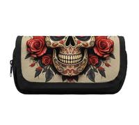 RTFGHJS Double Layer Pencil Case with Front Pocket - Red Rose Sugar Skull Large Capacity Pen Organizer Aesthetic Holder Box Storage Bag for Office Supplies, Art Pencils, Makeup Brushes