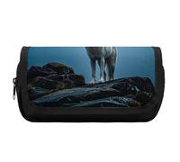 RTFGHJS Double Layer Pencil Case with Front Pocket - The White Wolf on The Rock Large Capacity Pen Organizer Aesthetic Holder Box Storage Bag for Office Supplies, Art Pencils, Makeup Brushes
