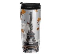 RTFGHJS Double Wall Vacuum Coffee Cup - Eiffel Tower with Autumn Leaves Reusable Plastic Travel Mug with Lid, 350ml Insulated Tumbler for Hot & Cold Drinks, Portable Coffee Mug for Car Office Use