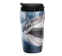 RTFGHJS Double Wall Vacuum Coffee Cup - Great White Shark Opens Mouth Reusable Plastic Travel Mug with Lid, 250ml Insulated Tumbler for Hot & Cold Drinks, Portable Coffee Mug for Car Office Use
