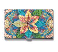 RTFGHJS Flowers And Hawaiian Tribal Patterns Business Card Holder, Metal Slim Name Card Case, Pocket Cards Holder for Women Or Men, Name Cards Booklet for Professionals, Executives