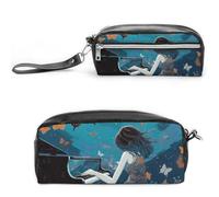 RTFGHJS Girl Playing Piano Pencil Case, Large Capacity Pencil Pouch, Leather Small Makeup Bag, Portable Zipper Stationery Bag for Stationery, Travel Toiletry, Makeup, Supplies