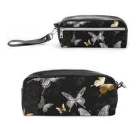 RTFGHJS Gold White Butterflies Black Pencil Case, Large Capacity Pencil Pouch, Leather Small Makeup Bag, Portable Zipper Stationery Bag for Stationery, Travel Toiletry, Makeup, Supplies