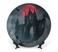 RTFGHJS Gothic Ruin Castle Decorative Ceramic Plate Personalized Bone China Decorative Plate Round Porcelain Plates with Display Stand Cabinet Display Plates for Home Decor 6inch
