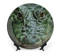 RTFGHJS Green Crocodile Decorative Ceramic Plate Personalized Bone China Decorative Plate Round Porcelain Plates with Display Stand Cabinet Display Plates for Home Decor 6inch