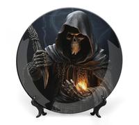 RTFGHJS Grim Reaper Decorative Ceramic Plate Personalized Bone China Decorative Plate Round Porcelain Plates with Display Stand Cabinet Display Plates for Home Decor 8inch