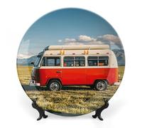 RTFGHJS Happy Bus Camper Decorative Ceramic Plate Personalized Bone China Decorative Plate Round Porcelain Plates with Display Stand Cabinet Display Plates for Home Decor 6inch