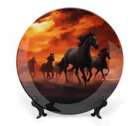 RTFGHJS Horses Red Glowing Clouds Decorative Ceramic Plate Personalized Bone China Decorative Plate Round Porcelain Plates with Display Stand Cabinet Display Plates for Home Decor 8inch