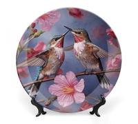 RTFGHJS Humming Birds With Pink Decorative Ceramic Plate Personalized Bone China Decorative Plate Round Porcelain Plates with Display Stand Cabinet Display Plates for Home Decor 10inch