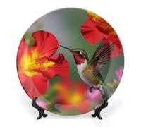RTFGHJS Hummingbirds Red Flower Hibiscus Decorative Ceramic Plate Personalized Bone China Decorative Plate Round Porcelain Plates with Display Stand Cabinet Display Plates for Home Decor 7inch
