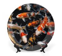 RTFGHJS Japan Fancy Koi Carp Fishes Decorative Ceramic Plate Personalized Bone China Decorative Plate Round Porcelain Plates with Display Stand Cabinet Display Plates for Home Decor 10inch