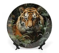 RTFGHJS Jungle Tiger Decorative Ceramic Plate Personalized Bone China Decorative Plate Round Porcelain Plates with Display Stand Cabinet Display Plates for Home Decor 7inch