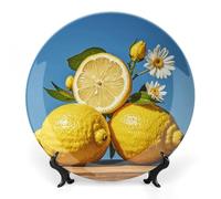 RTFGHJS Lemon And Flower Decorative Ceramic Plate Personalized Bone China Decorative Plate Round Porcelain Plates with Display Stand Cabinet Display Plates for Home Decor 10inch