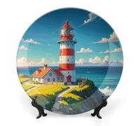 RTFGHJS Lighthouse Diamond Paint Decorative Ceramic Plate Personalized Bone China Decorative Plate Round Porcelain Plates with Display Stand Cabinet Display Plates for Home Decor 8inch