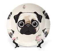 RTFGHJS Line Pug Decorative Ceramic Plate Personalized Bone China Decorative Plate Round Porcelain Plates with Display Stand Cabinet Display Plates for Home Decor 7inch